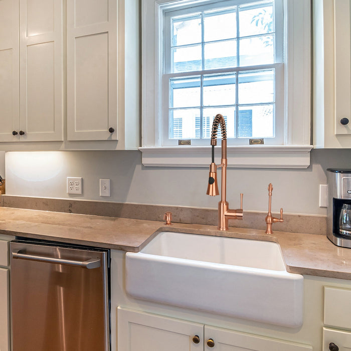 Copper Kitchen Faucet with Soap Dispenser, Single Handle Solid Brass High Arc Pull Down Sprayer Head Kitchen Sink Faucets with Deck Plate — AK96566-SD-C