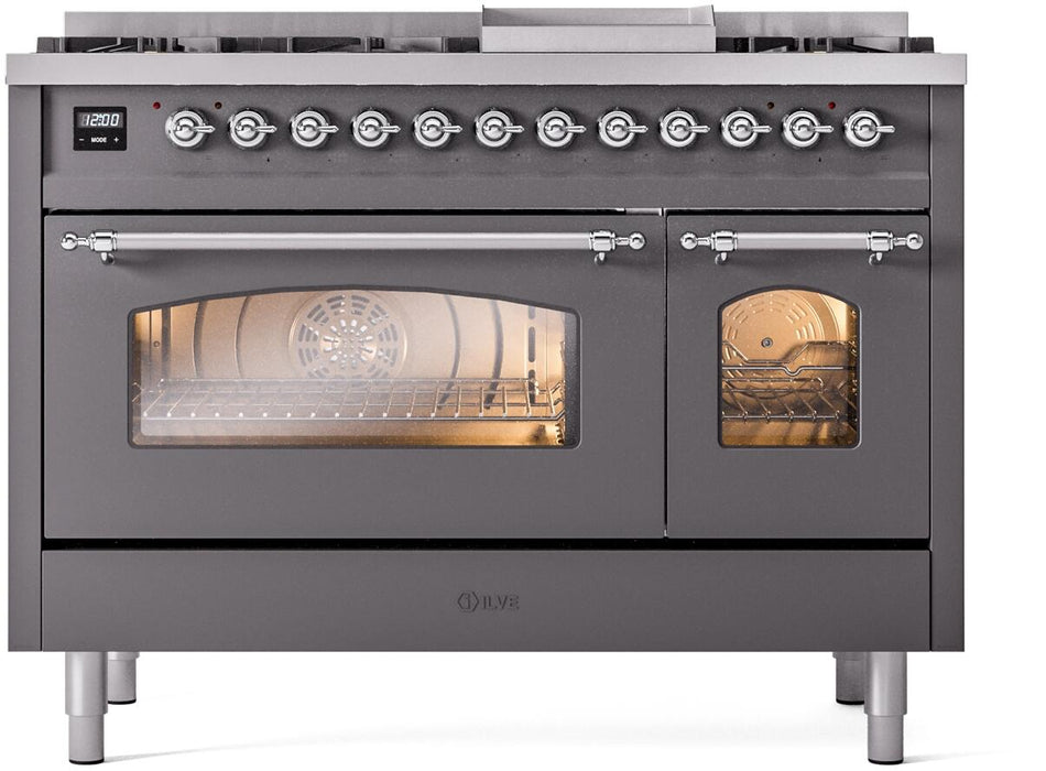 ILVE Nostalgie II 48" Dual Fuel Liquid Propane Range, Matte Graphite, Chrome Trim UP48FNMPMGCLP ILVE