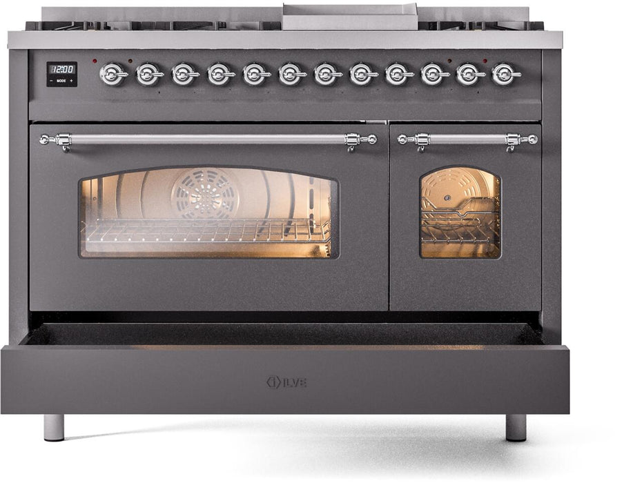 ILVE Nostalgie II 48" Dual Fuel Liquid Propane Range, Matte Graphite, Chrome Trim UP48FNMPMGCLP ILVE