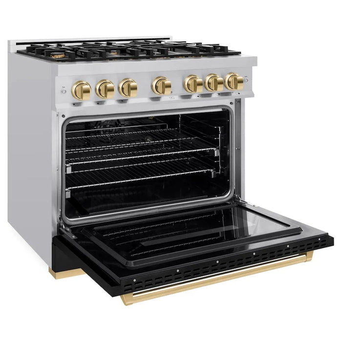 ZLINE 36" Classic Gas Range, Convection Gas Oven Stainless Steel, Black Matte Door Polished Gold CGRZ-BLM-36-G