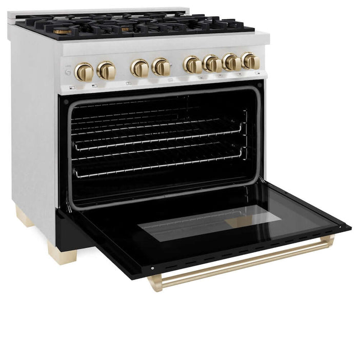 ZLINE 36" Autograph, Dual Fuel Range, Black Door, Gold, RASZ-BLM-36-G