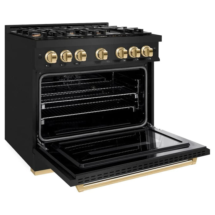 ZLINE 36" Classic Gas Range, Convection Gas Oven Black Stainless Steel, Gold CGRBZ-36-G