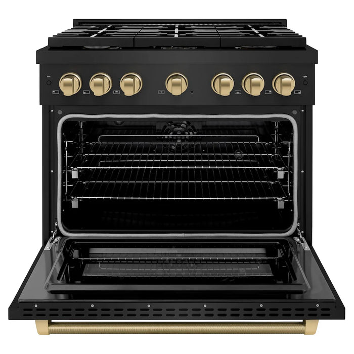 ZLINE Autograph Edition 36" Paramount Dual Fuel Range, 6 Burner Gas Cooktop, Electric Convection Oven, Black Stainless Steel, Helix Handle and Knob SDRBZ-36-KCB