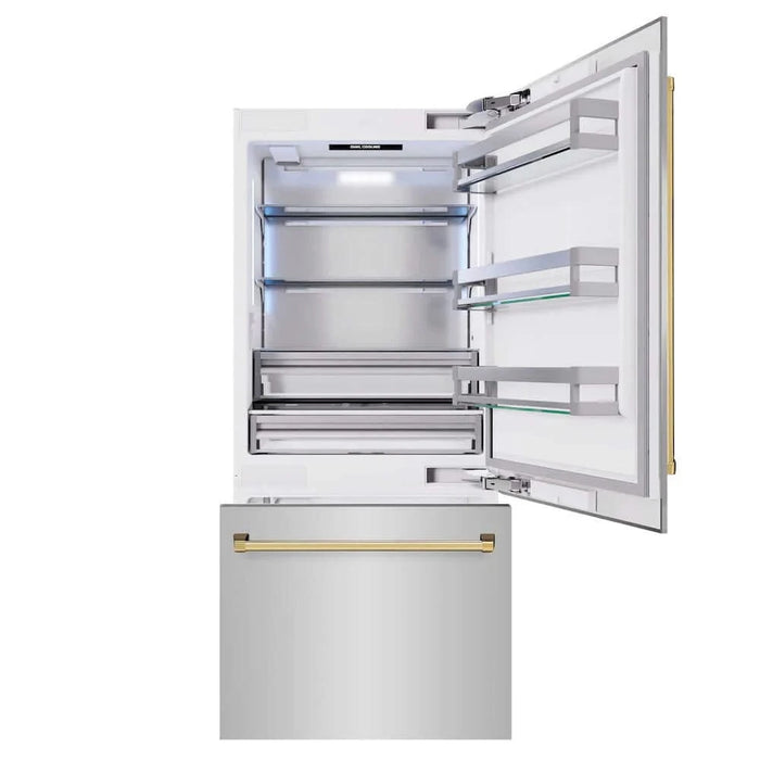 ZLINE 36" Built-In Bottom Freezer Refrigerator,Water Dispenser, Ice Maker, Polished Gold RBITZ-304-36G