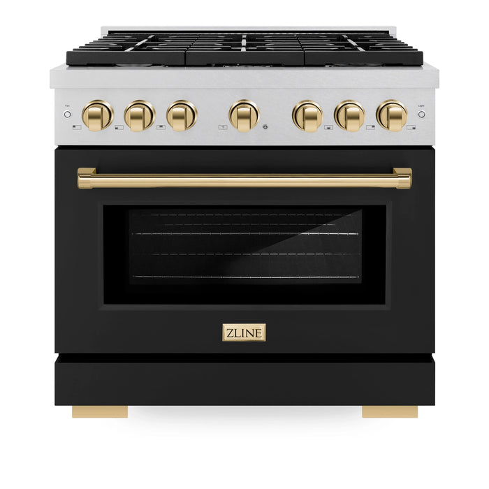 ZLINE 36"Paramount Dual Fuel Range DuraSnow® Black Matte, Gold SDRSZ-BLM-36-G