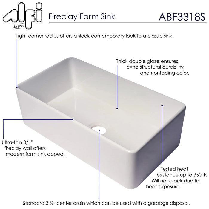 ALFI brand Smooth Apron 33" Single Bowl Fireclay Farm Sink ABF3318S