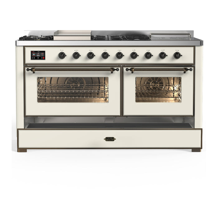 ILVE Majestic III 60" Dual Fuel Range, Antique White, Burnished Trim UM60FSNR3AWB