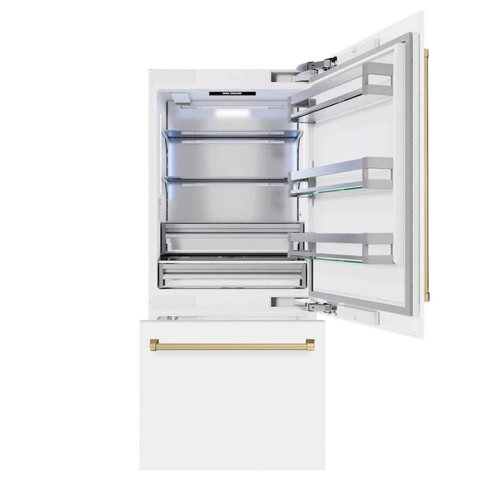 ZLINE 36" Built-In Bottom Freezer Refrigerator,Water Dispenser, Ice Maker, White Matte Champagne Bronze RBITZ-WM-36-CB