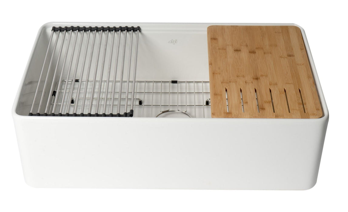 ALFI Brand 33" Smooth Apron Workstation Step Rim Fireclay Farm Sink  ABFS3320S