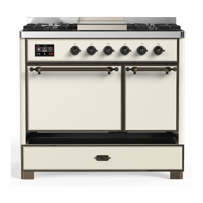 ILVE Majestic III 40" Dual Fuel, Range, Antique White, Burnished Trim UMD40FQNR3AWB