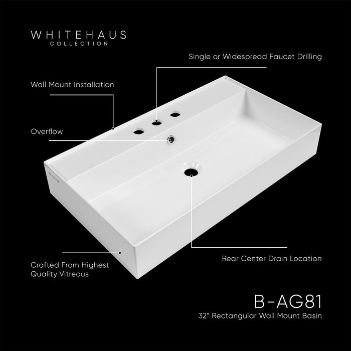 Whitehaus 32" Rectangular Wall Mount Basin, Widespread Faucet, Overflow B-AG81-3H