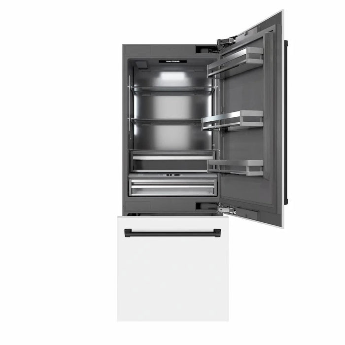 ZLINE 30" Built-In Bottom Freezer Refrigerator with Water Dispenser, Ice Maker, White Matte, Graphite Gray Interior, Matte Black GRBIVZ-WM-30-MB