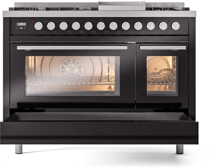 ILVE 48"Professional Plus Dual Fuel Range, Glossy Black UP48FWMPBK