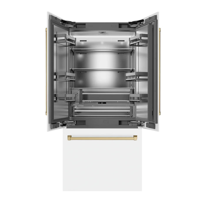 ZLINE 36" French Door Built-In Bottom Freezer Refrigerator, Water Dispenser, Ice Maker, White Matte, Stainless Steel, Accents SRBIVZ-WM-36-CB