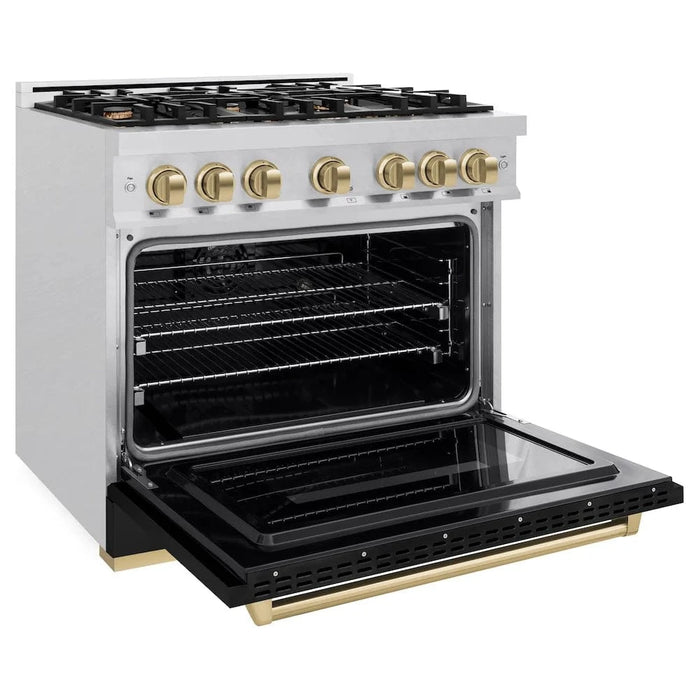 ZLINE 36" Dual Fuel Range, Gas Cooktop, Electric Convection Oven DuraSnow®Stainless Steel, Black Matte Door Champagne Bronze CDRSZ-BLM-36-CB