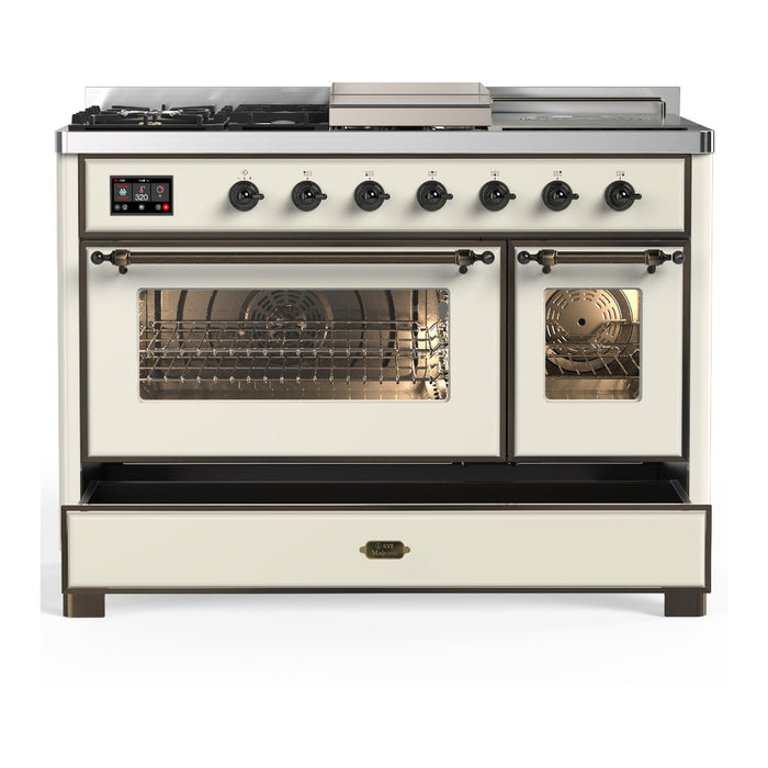 ILVE Majestic III 48" Dual Fuel, Range, Antique White, Burnished Trim UM48FSNR3AWB