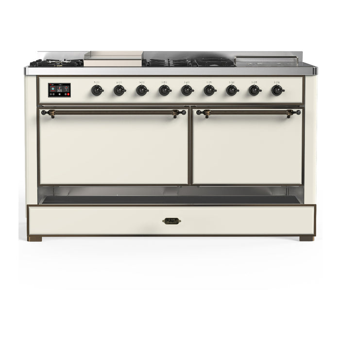 ILVE Majestic III 60" Dual Fuel Range, Antique White, Burnished Trim UM60FSQNR3AWB