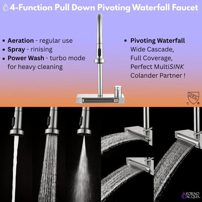 Forno ACQUA 33" Drop-In/Undermount MultiSINK Workstation Sink, Waterfall Faucet, Glass Rinser E-XP31 - Detail View