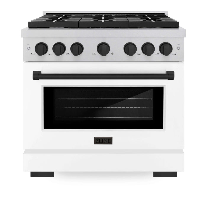 ZLINE 36"Paramount Dual Fuel Range DuraSnow® White Matte, Matte Black SDRSZ-WM-36-MB