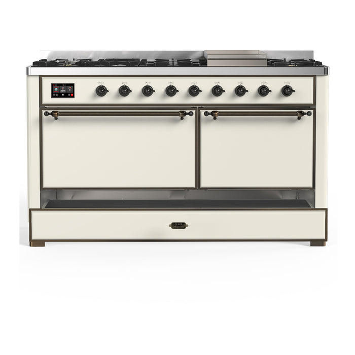 ILVE Majestic III 60" Dual Fuel Range, Antique White, Burnished Trim UM60FQNR3AWB