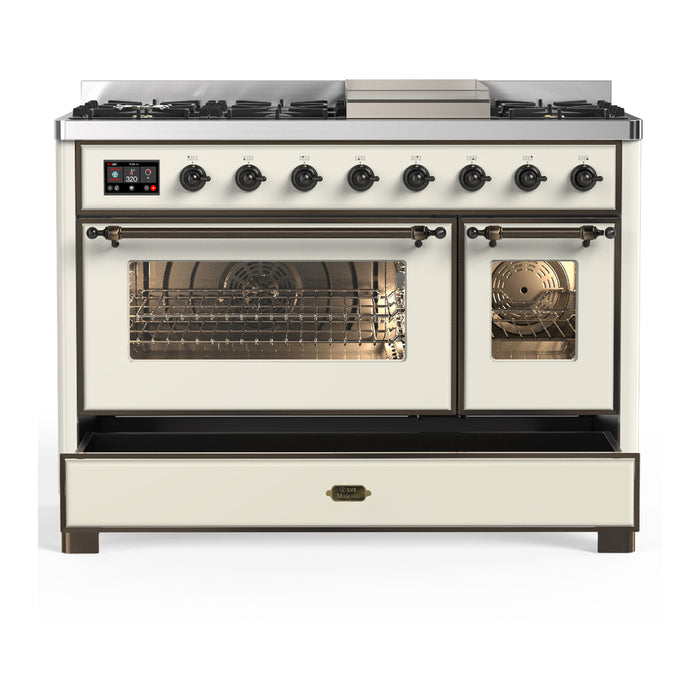 ILVE Majestic III 48" Dual Fuel, Range, Antique White, Burnished Trim UM48FNR3AWB