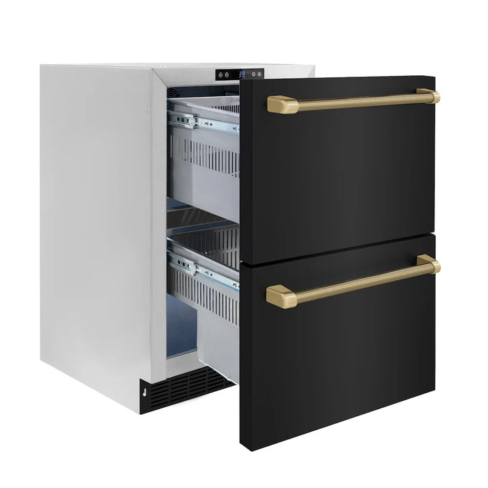 ZLINE Autograph Edition 24" Touchstone 168 Can Outdoor-Rated Dual Refrigerator Drawer, Black Stainless Steel Doors, Helix Handles RDSOZ-BS-24-KCB