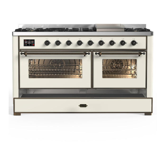ILVE Majestic III 60" Dual Fuel Range, Antique White, Burnished Trim UM60FNR3AWB