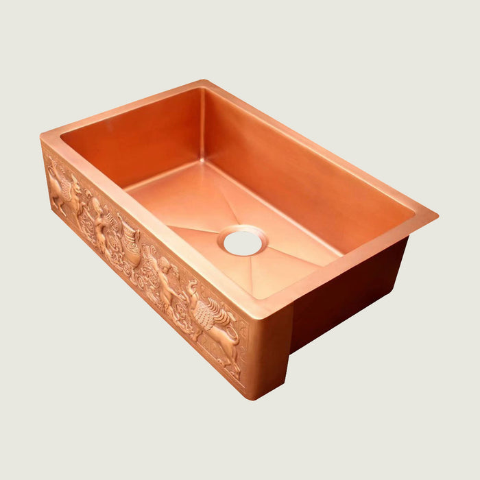 NAUXUS Copper Farmhouse Kitchen Sink, Handmade Hammered Single-Bowl Copper Apron Sink Include Kitchen Basket Stainer , FMHK05-NX