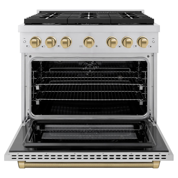 ZLINE Autograph Edition 36" Paramount Dual Fuel Range, 6 Burner Gas Cooktop, Electric Convection Oven, Stainless Steel, Helix Handle and Knob SDRZ-36-KCB