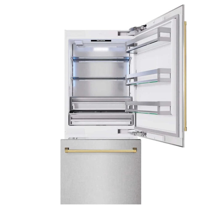 ZLINE 36" Built-In Bottom Freezer Refrigerator,Water Dispenser, Ice Maker, DuraSnow® Polished Gold RBITZ-SN-36-G