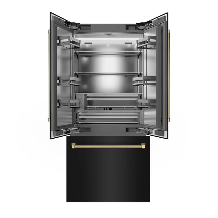 ZLINE Autograph Edition 36" French Door Built-In Bottom Freezer Refrigerator, Water Dispenser, Ice Maker, Black Stainless Steel, Stainless Steel Interior, Helix Handles SRBIVZ-BS36KCB