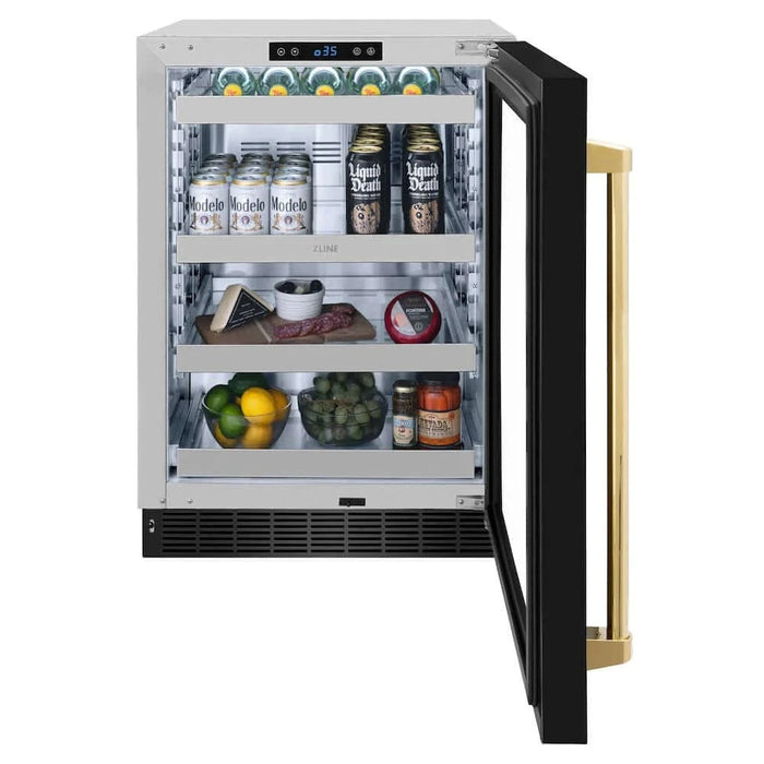 ZLINE 24" Touchstone 151 Can Beverage Fridge Black Stainless Steel Glass Door Gold Handle RBSOZ-BS-24-G