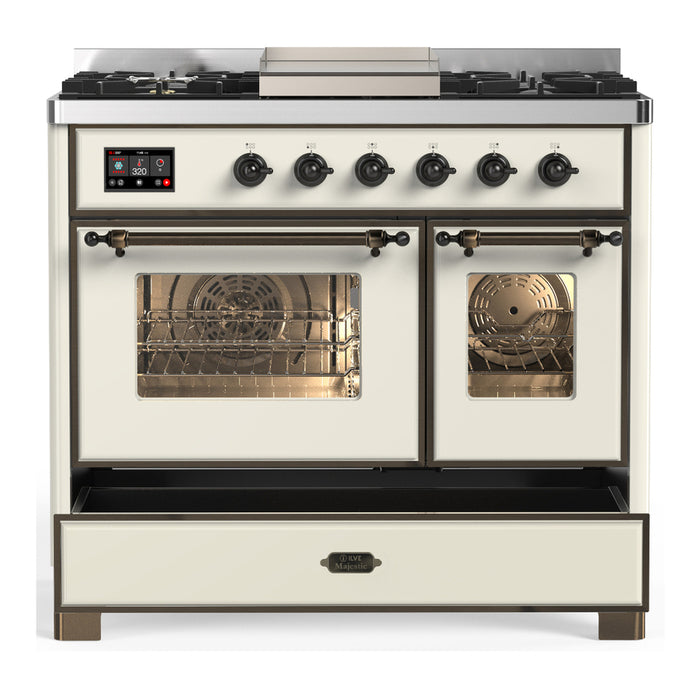 ILVE Majestic III 40" Dual Fuel, Range, Antique White, Burnished Trim UMD40FNR3AWB