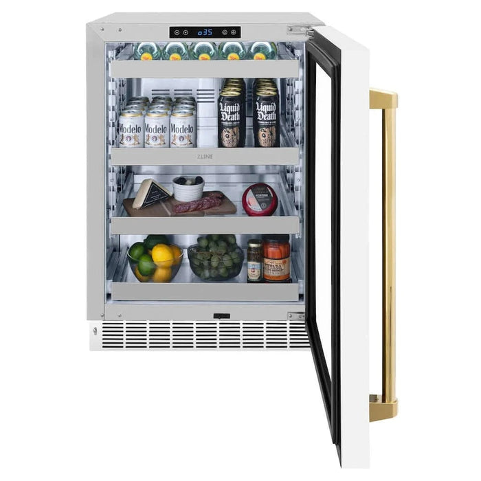 ZLINE 24" Touchstone 151 Can Beverage Fridge White Matte Glass Door Polished Gold Handle RBSOZ-WM-24-G