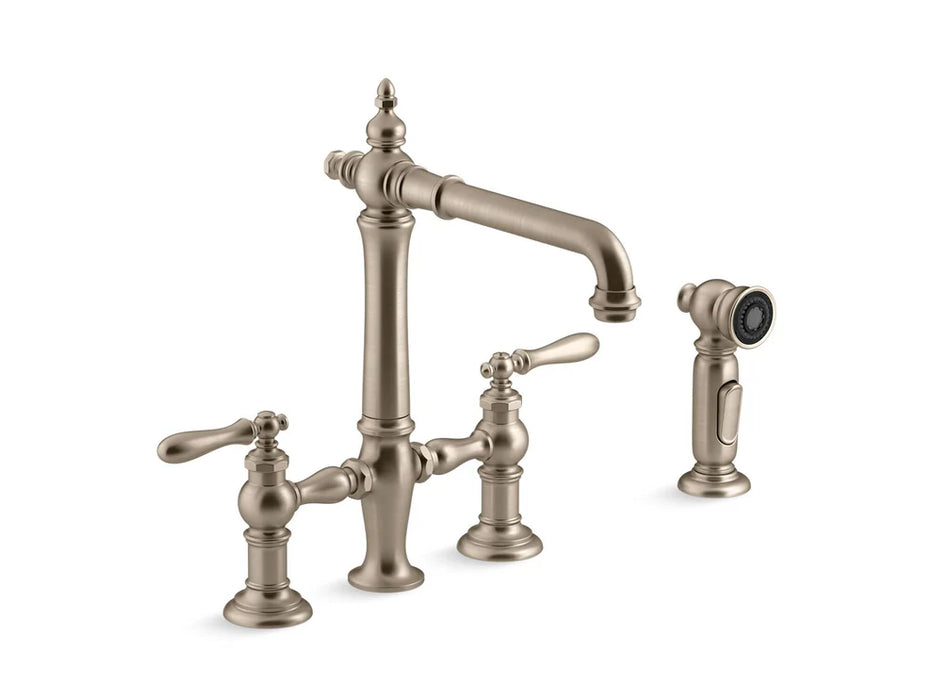 KOHLER Artifacts Two-hole bridge kitchen sink faucet, side sprayer K-76519-4