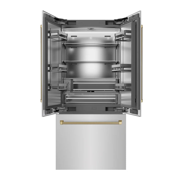 ZLINE Autograph Edition 36" French Door Built-In Bottom Freezer Refrigerator, Water Dispenser, Ice Maker, Stainless Steel, Stainless Steel Interior, Helix Handles SRBIVZ-30436KCB