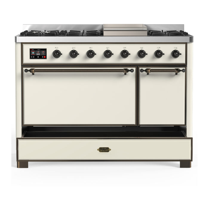 ILVE Majestic III 48" Dual Fuel, Range, Antique White, Burnished Trim UM48FQNR3AWB