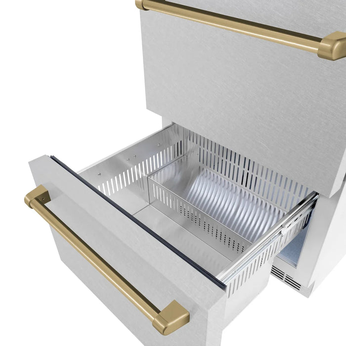ZLINE Autograph Edition 24" Touchstone 168 Can Outdoor-Rated Dual Refrigerator Drawer, Satin Stainless Steel Door, Accents  RDSOZ-SN-24-CB