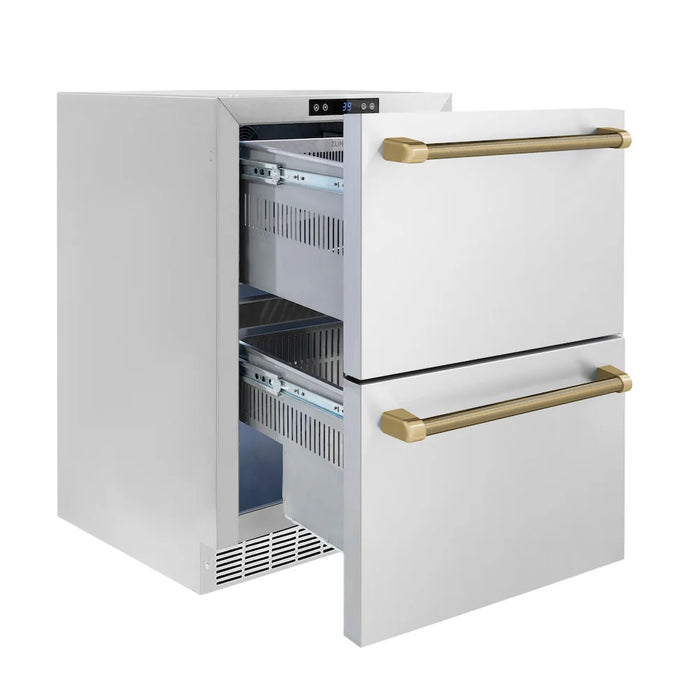ZLINE Autograph Edition 24" Touchstone 168 Can Outdoor-Rated Dual Refrigerator Drawer, Stainless Steel Doors, Helix Handle RDSOZ-ST-24-KCB