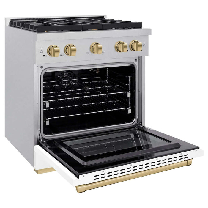 ZLINE 30"Gas Range, Convection Gas Oven, DuraSnow® White Matte, Champagne Bronze SGRSZ-WM-30-CB