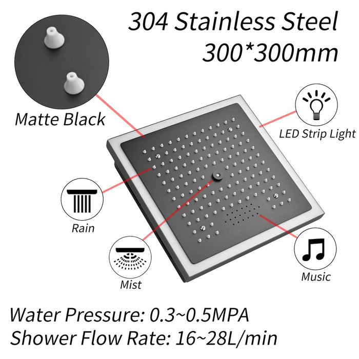 12-Inch Matte Black Flush Mount Shower Faucet Set with Digital Display: 4-Way Thermostatic Control, 64-Color LED Lights, Bluetooth Music, Body Sprayers and Regular Head
