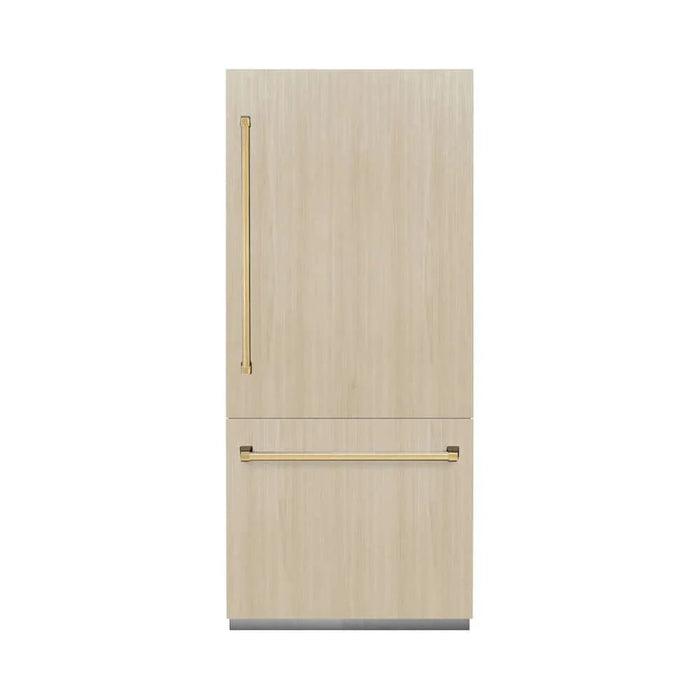 ZLINE 36" Panel Ready Built-In Bottom Freezer Refrigerator,Water Dispenser, Ice Maker, Polished Gold RBITZ-36-G