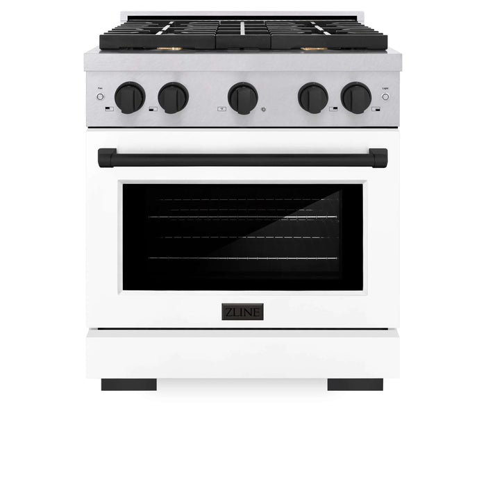 ZLINE 30"Paramount Dual Fuel Range DuraSnow® White Matte, Matte Black SDRSZ-WM-30-MB