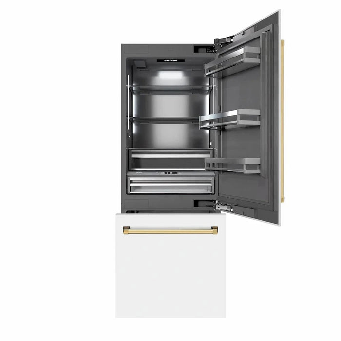 ZLINE 30" Built-In Bottom Freezer Refrigerator with Water Dispenser, Ice Maker, White Matte, Graphite Gray Interior, Polished Gold GRBIVZ-WM-30-G
