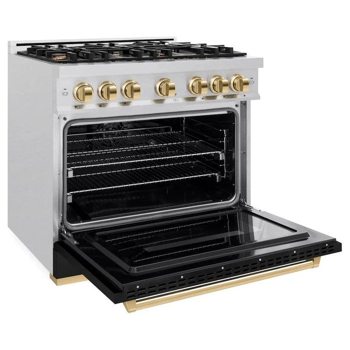 ZLINE 36" Dual Fuel Range, Gas Cooktop, Electric Convection Oven DuraSnow®Stainless Steel, Black Matte Door Polished Gold CDRSZ-BLM-36-G