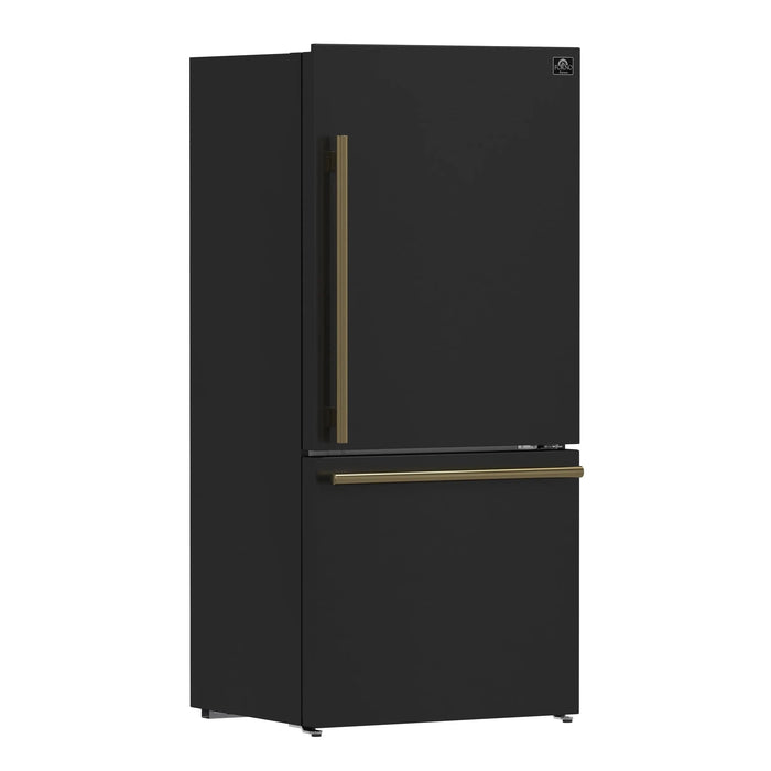 FORNO Premium 2-Piece Kitchen Bundle - Leonardo Espresso 30" Black Range, 31" Black Bottom Freezer Refrigerator FBDL-003-02US