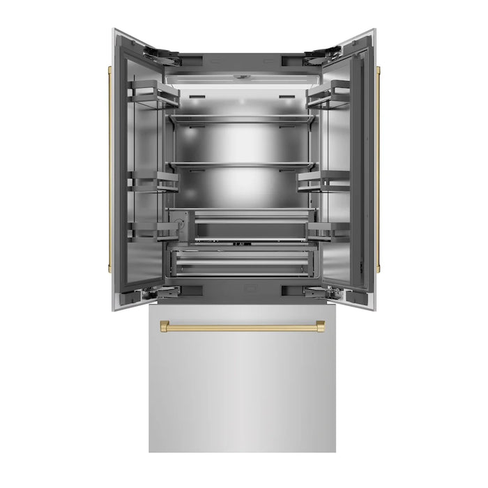 ZLINE 36" French Door Built-In Bottom Freezer Refrigerator, Water Dispenser, Ice Maker, Stainless Steel, Accents SRBIVZ-304-36CB