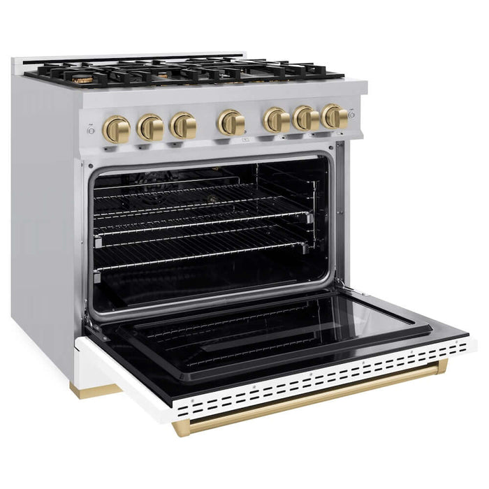ZLINE 36" Classic Gas Range, Convection Gas Oven Stainless Steel, White Matte Door Champagne Bronze CGRZ-WM-36-CB
