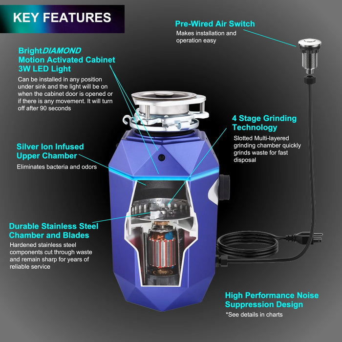 FORNO ACQUA BrightDiamond 1HP Super Quiet Garbage Disposal Motion Sensor WDD100TA1AM