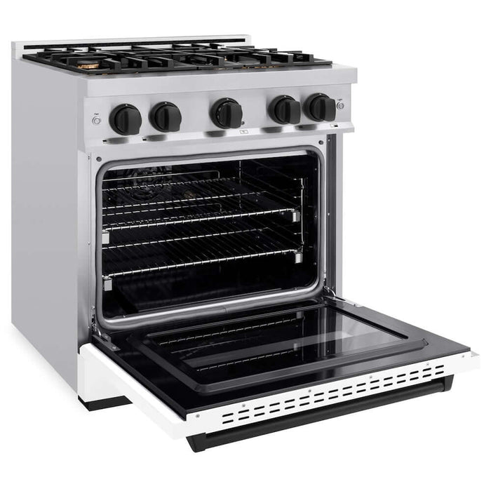 ZLINE 30" Classic Gas Range, Convection Gas Oven Stainless Steel, White Matte Door Matte Black CGRZ-WM-30-MB